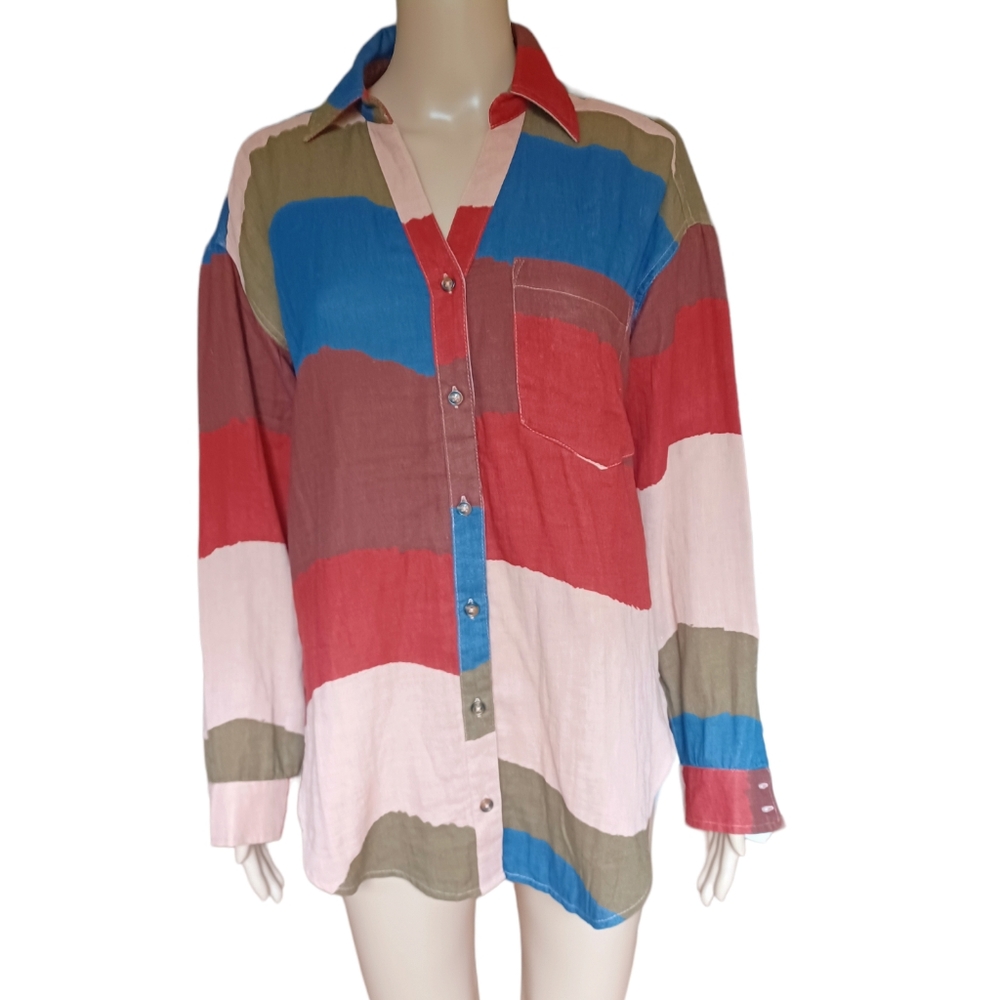 The Odells Womens Long Sleeved Button Down Collared Top Multicolor Size XS